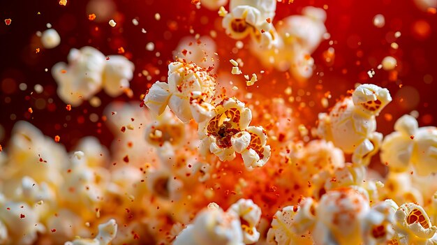 Palomitas de maíz en el aire con fondo rojo