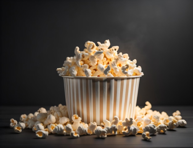 Palomitas de maíz en un balde blanco con un fondo oscuro con ai generativo