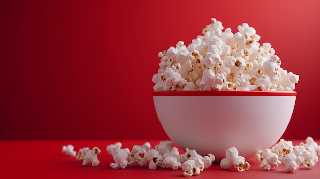 Palomitas de maíz blancas esponjosas en un cuenco a rayas contra un telón de fondo de cortina roja que evoca vibraciones cinematográficas