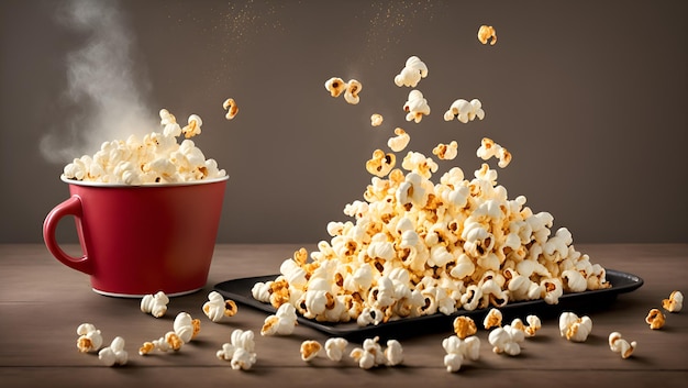 Palomitas de maíz cayendo en una taza roja con un plato negro sobre la mesa