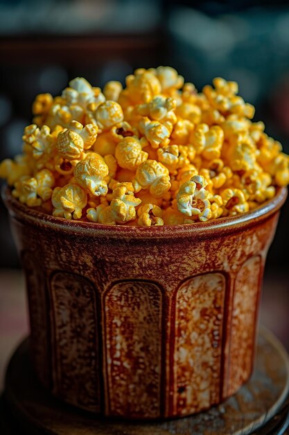 Foto las palomitas de maíz en el cine antes de la proyección de la película comida en el cine