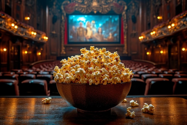 Las palomitas de maíz en el cine antes de la proyección de la película Comida en el cine