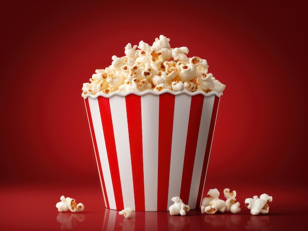 Palomitas de maíz en un cubo de cartón a rayas rojas y blancas sobre un fondo rojo