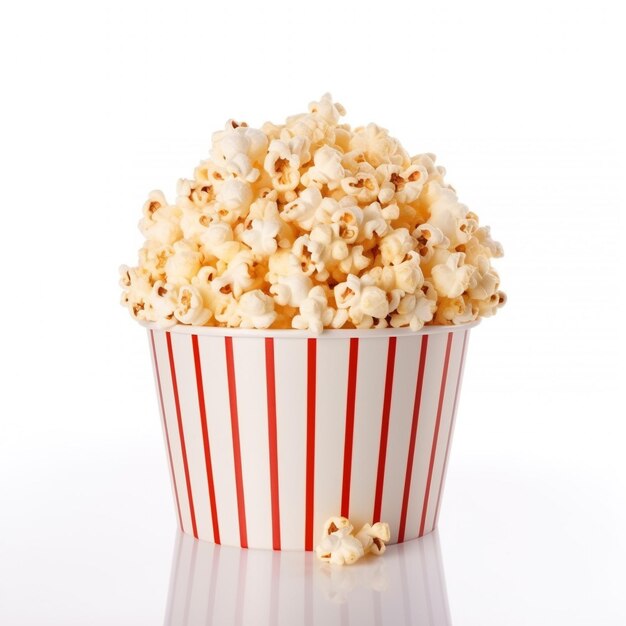 Palomitas de maíz en cubo rayado aislado sobre fondo blanco