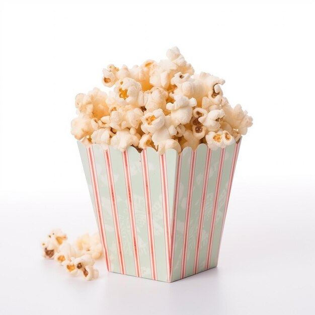 Palomitas de maíz en cubo rayado aislado sobre fondo blanco