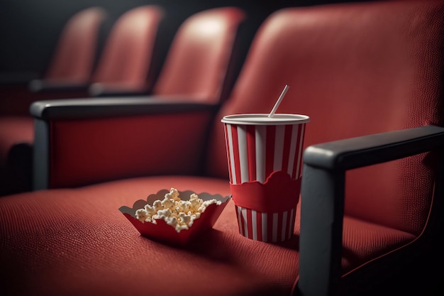 Palomitas de maíz en un cubo rayado clásico en el cine