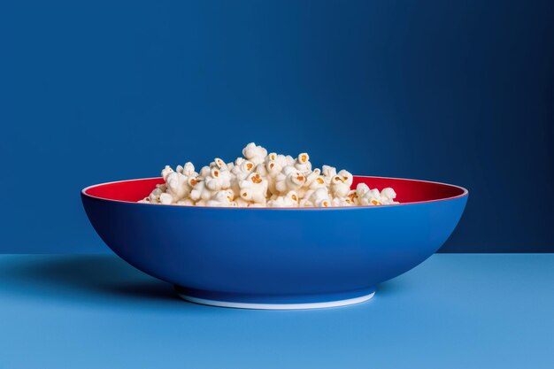 Palomitas de maíz en un cuenco azul sobre un fondo azul con espacio para copiar