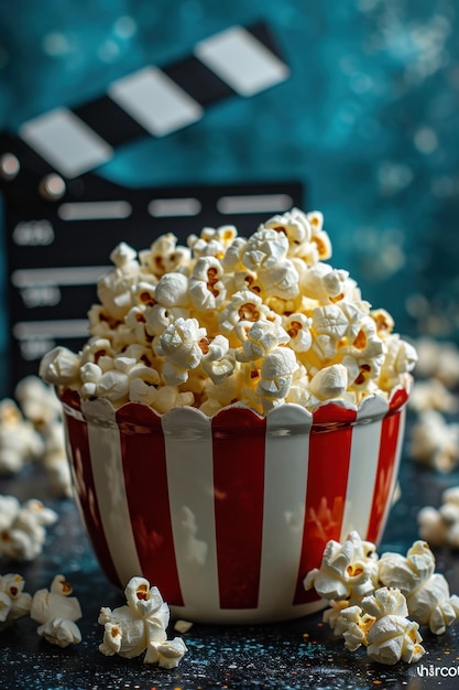 Palomitas de maíz frescas en un clásico vaso de rayas rojas y blancas con un tablero de la película en el fondo