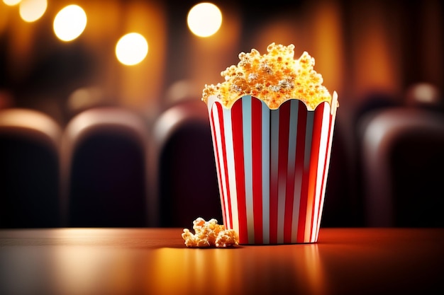 Palomitas de maíz en una mesa en un cine