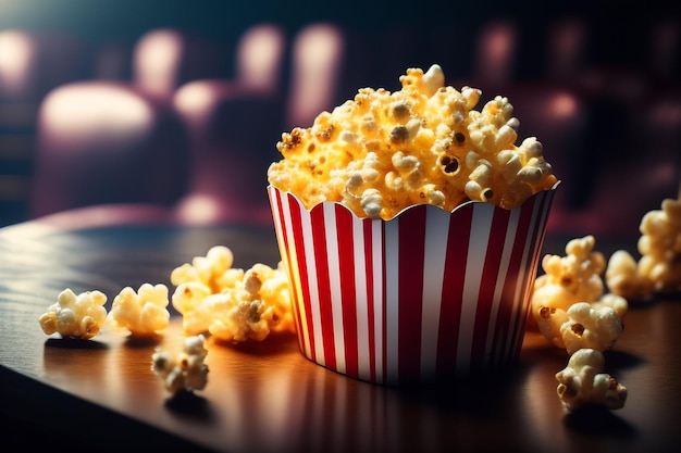 Palomitas de maíz en una mesa frente a un cine