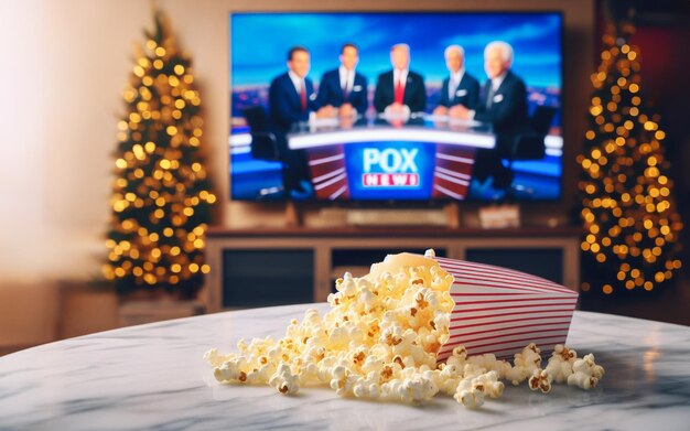 Palomitas de maíz en la mesa frente a la TV y programas de noticias en la sala de estar tiempo de descanso