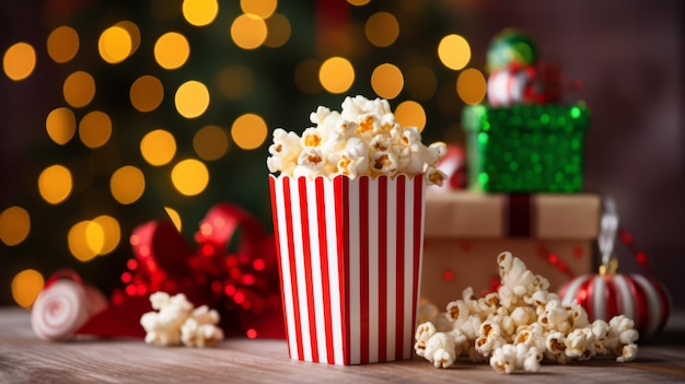 palomitas de maíz de Navidad en una caja de palomitas de maíz en una mesa con decoraciones navideñas en el fondo