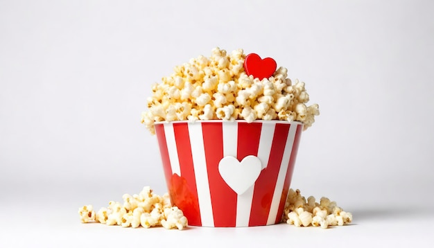 Palomitas de maíz con queso en un cubo de rayas rojas y blancas aisladas sobre un fondo blanco en forma de corazón