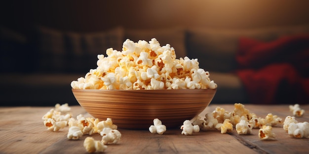 palomitas de maíz sobre una mesa en un recipiente de madera