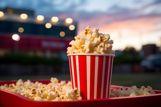 Palomitas de maíz en taza de cerca contra la unidad en el cine en el fondo enfoque selectivo actividades de ocio entretenimiento concepto de pasatiempo generado ai