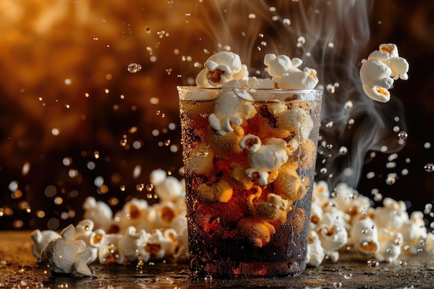 Palomitas de maíz en vaso con cubos de hielo en una mesa de madera y fondo borroso