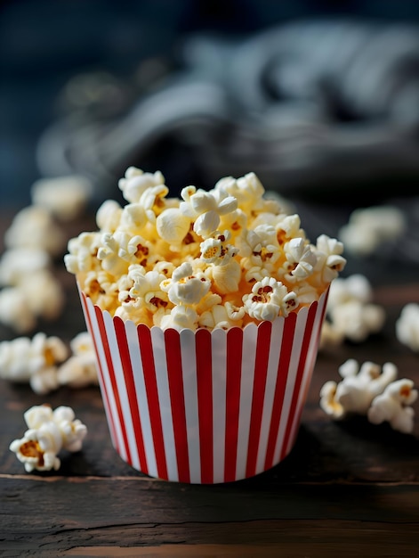 Palomitas de maíz en un vaso de papel blanco y rojo a rayas fotografía profesional de comida foto comercial en la oscuridad