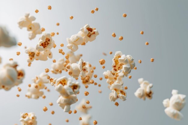 Foto palomitas de maíz volando sobre un fondo blanco