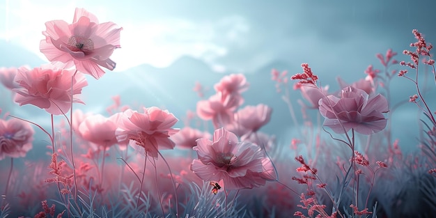 Palomitas rosadas místicas en un prado de fantasía con un suave ambiente azul y rojo