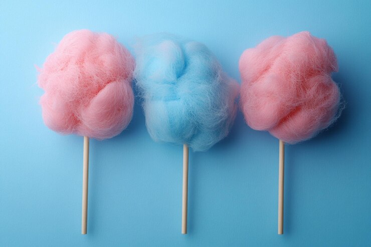 Foto palos de azúcar de algodón rosados y azules en fondo azul pastel dulce y esponjoso regalo de carnaval exhibición de caramelos minimalistas