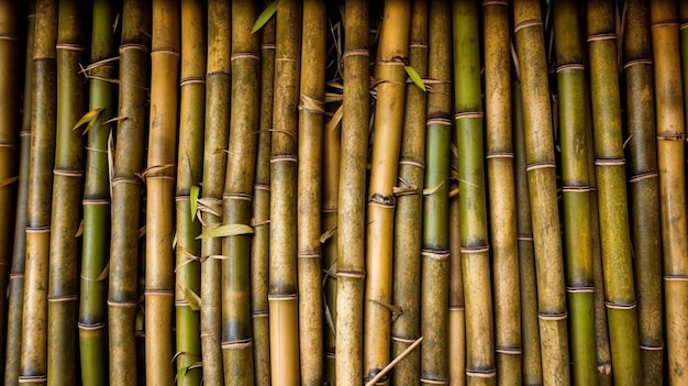 Los palos de bambú se apilan en fila.