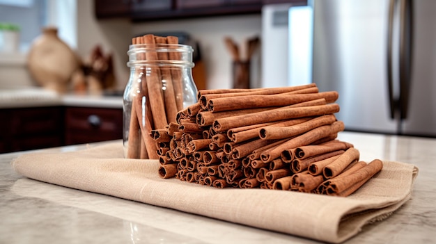 palos de canela en el mostrador de la cocina