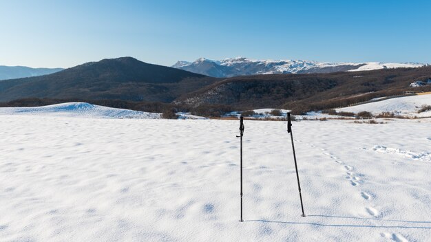 Palos de esquí en un campo nevado