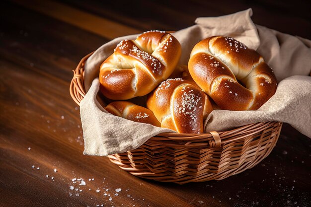 Los palos de pretzel y los rollos de pretzels bávaros con sal en una canasta generan ai