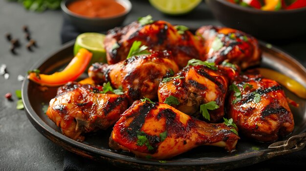 Palos de tambor de pollo a la parrilla con verduras y hierbas sobre un fondo oscuro