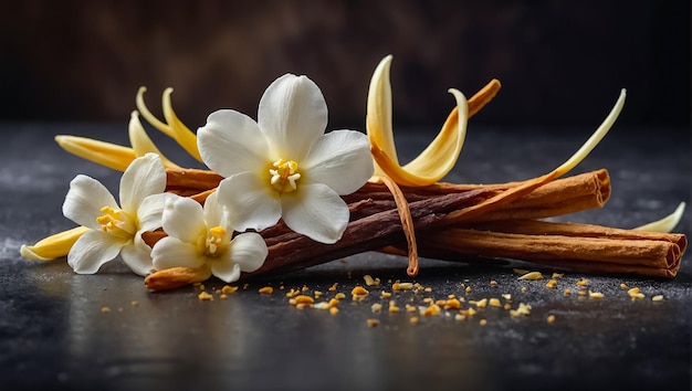 Palos de vainilla con flores en el fondo viejo