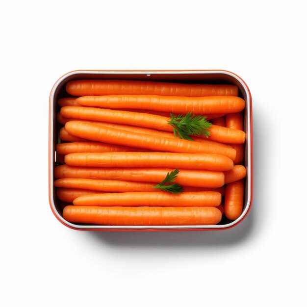 Palos de zanahoria en una caja de almuerzo vista superior aislados en fondo blanco IA generativa