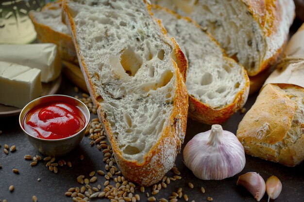 Pan con accesorios de cocina en la mesa