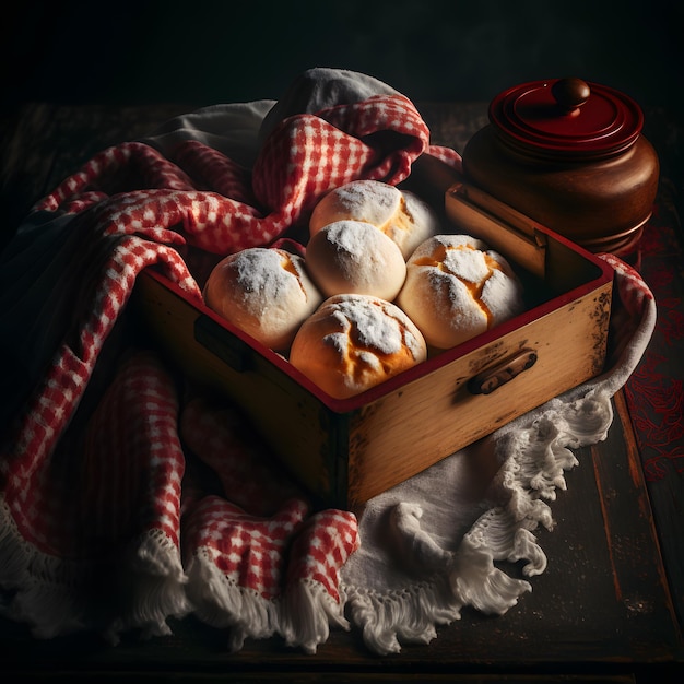 pan en una bandeja de madera sobre una fotografía de comida de tela roja y blanca