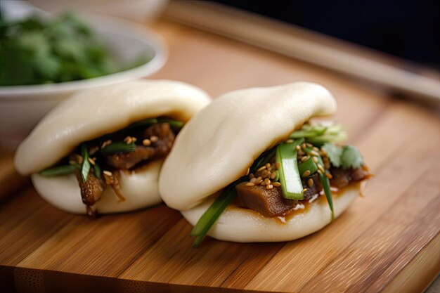 Pan Bao fresco y caliente del horno con rellenos sabrosos como el sésamo de cebolla verde