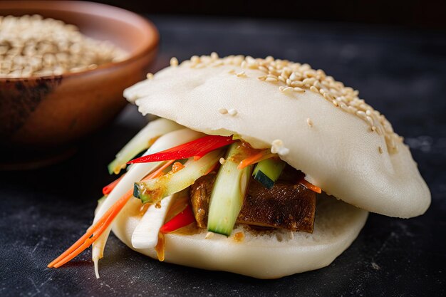 Pan bao con ingredientes tradicionales chinos, como verduras en escabeche y semillas de sésamo