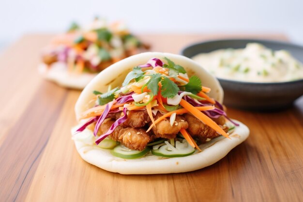 Foto pan bao con pollo crujiente y ensalada