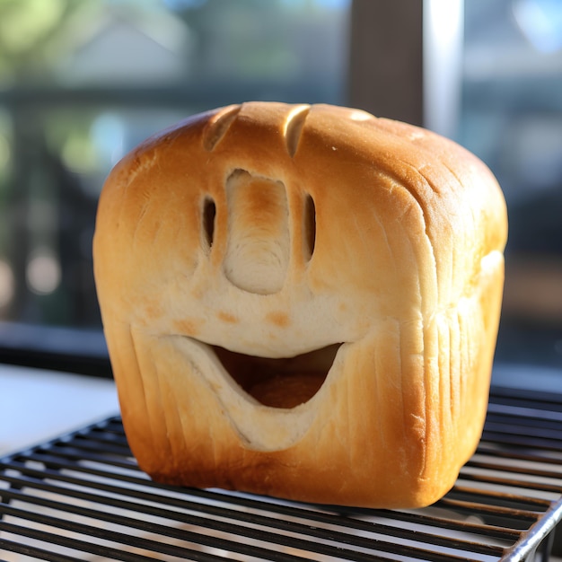 Un pan blanco feliz con una cara sonriente a la cámara