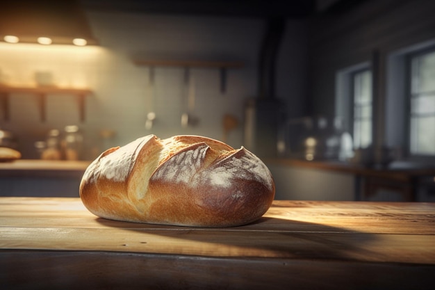 Pan blanco fresco sobre una mesa de madera en una panadería bajo el sol generativo ai