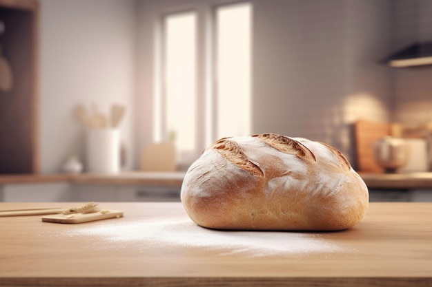 Pan blanco fresco sobre una mesa de madera en una panadería bajo el sol generativo ai