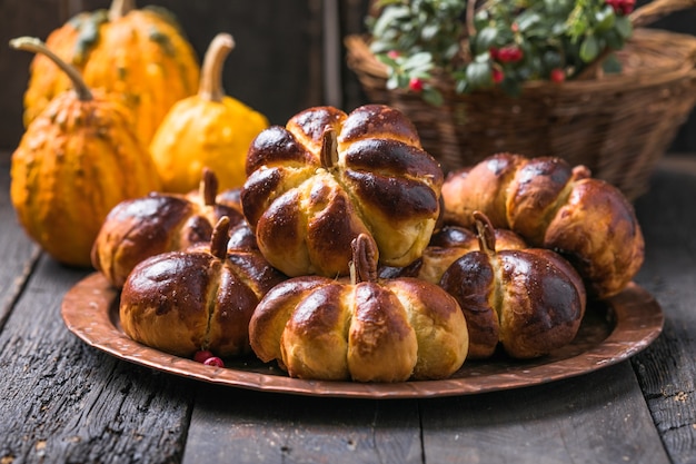 Pan de bollos de calabaza en una mesa de madera