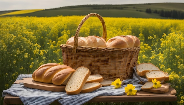 Foto pan en una canasta con pan frente a un campo de canola amarillo