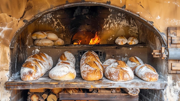 Foto pan en una cáscara de madera frente a un horno caliente el horno está hecho de ladrillo y tiene una abertura redonda hay llamas visibles dentro del horno