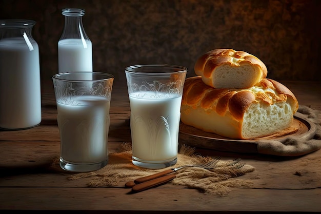 Pan casero largo y caliente en la mesa junto a vasos de leche