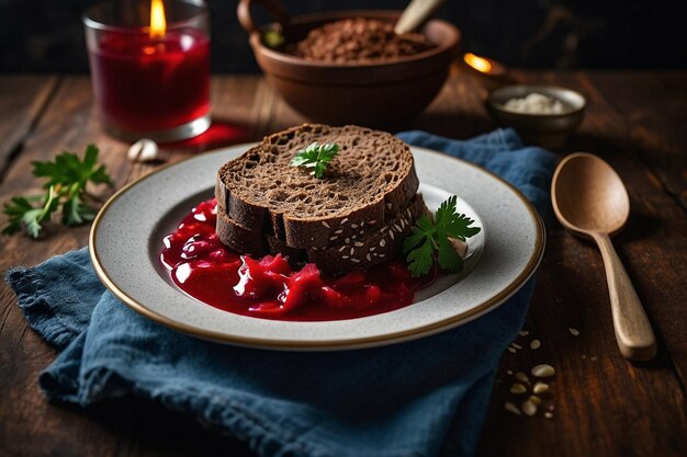 Pan de centeno oscuro servido con borscht