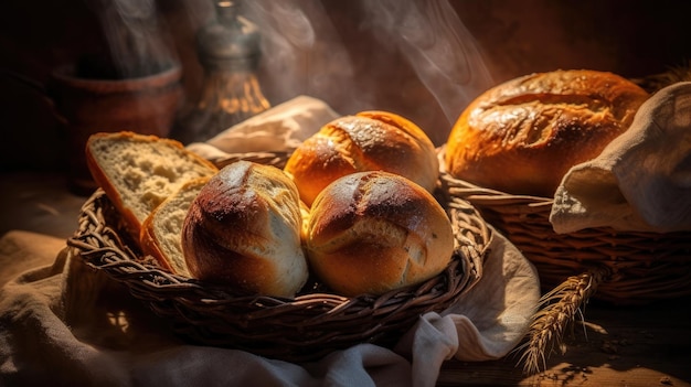 Pan en una cesta con un fondo ahumado