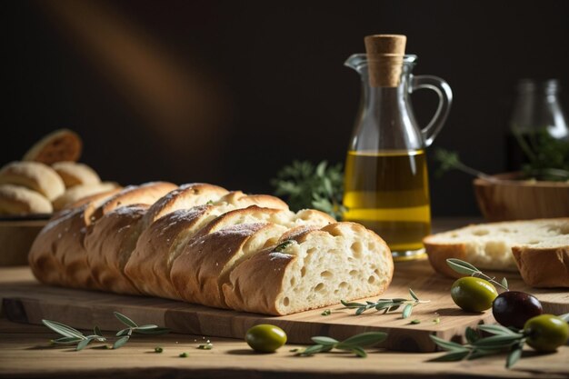 Pan de ciabatta italiano rústico y aceite de oliva