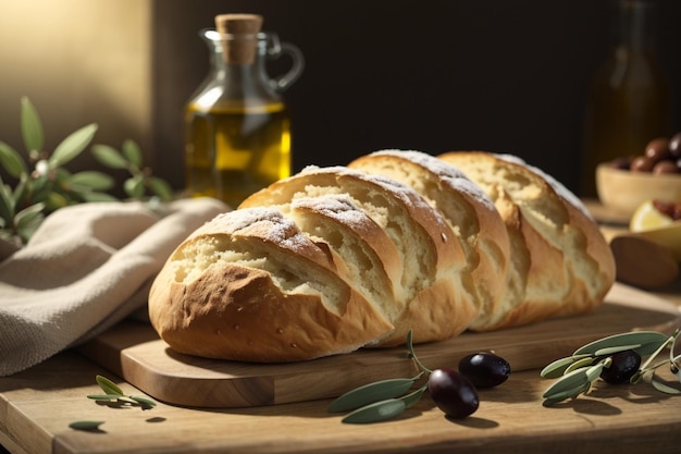 Pan de ciabatta italiano rústico y aceite de oliva