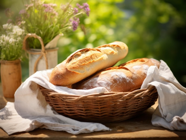 Pan ciabatta recién horneado Ilustración horizontal fotorrealista Pasteles crujientes Panadería gourmet Ai Generado Ilustración brillante en el fondo de la naturaleza Pan ciabatta tradicional