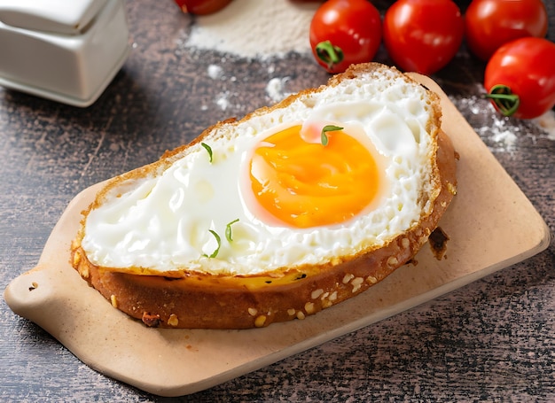 Foto pan colocado con un huevo frito con harina de tapioca de tomate