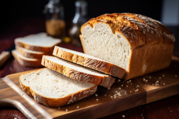 El pan cortado de cerca en la tabla de cortar es cautivador